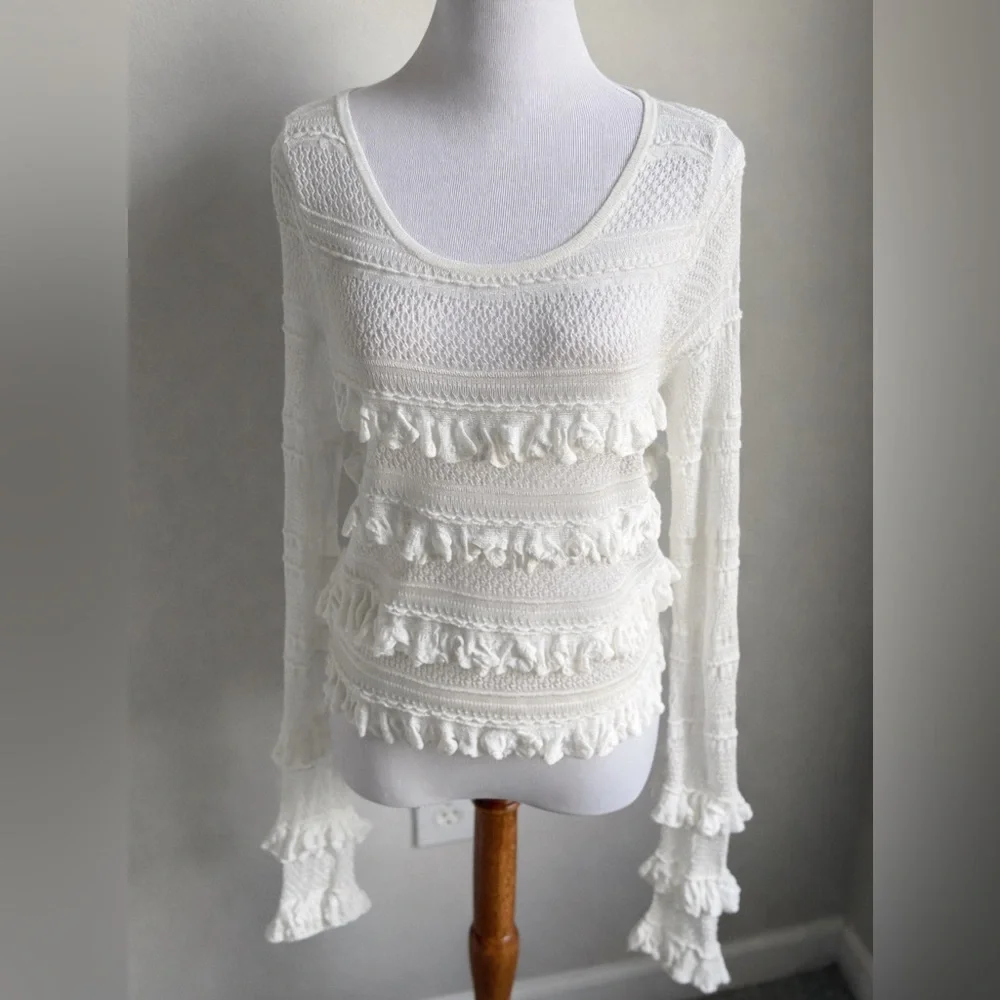 Anthropologie White Ruffled Sheer Knit Blouse | Romantic Statement Top | Size M
